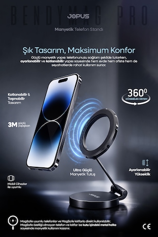 JOPUS 360° Dönebilen Magsafe Uyumlu Araç İçi Telefon Tutucu Katlanabilir Ayarlanabilir Araba Cam Masa Üstü