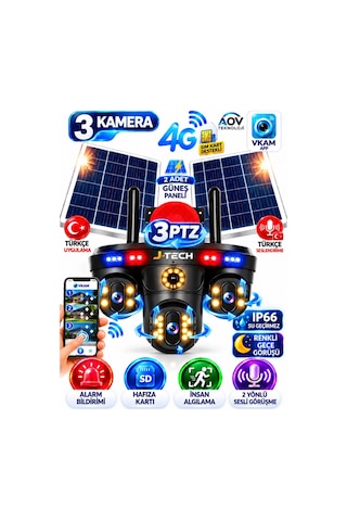 J-tech Solarmax-3ptz 4k 3 Kamera 4g Solar Sim Ptz Sesli Akıllı Takip Zoom Güvenlik Kamera 7/24 Korum