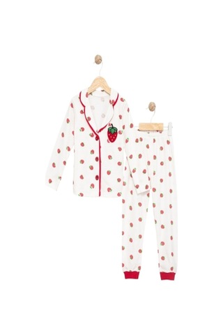 Çilek Desenli Yakalı Önü Düğmeli Kız Çocuk Pijama Takımı