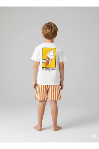 Magu Unisex Çocuk Pamuklu Beyaz Dondurma Baskılı T-shirt Ve Çizgili Şort Takım - Yazlık Çok Renkli