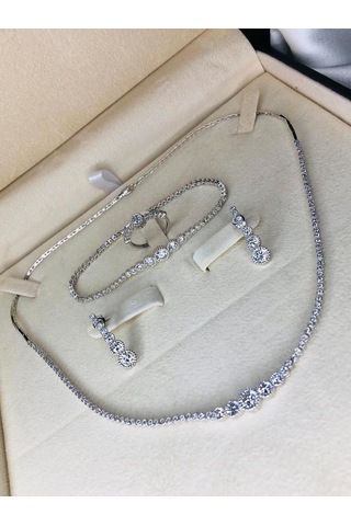 Kadın Gümüş Set - Parla Zirconia Taşlı Su Yolu Set • Işıklı Kutuda • Düğün • Nişan • Gelin Seti