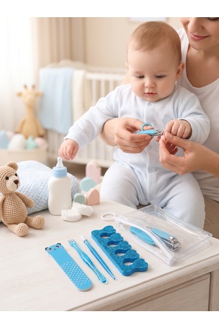 Bebek & Çocuk Tırnak Bakım Seti - Tırnak Makası, Törpü, Ayak Parmak Ayırıcı Ve Şeffaf Çantalı Manikür Seti Mavi