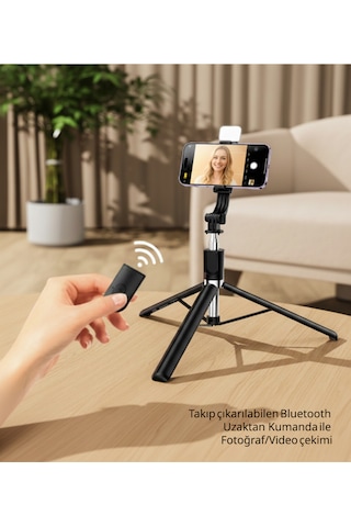 Genz Bilişim Led Işıklı Selfie Çubuğu Ve Bluetooth Kumandalı Kablosuz Selfie Stick Max: 70 Cm Uzunluk Siyah