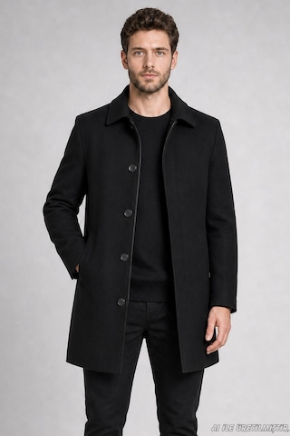 Freemen Erkek Slim Fit Klasik Yaka 3 Düğmeli Kısa Kaşe Kaban-417 Siyah