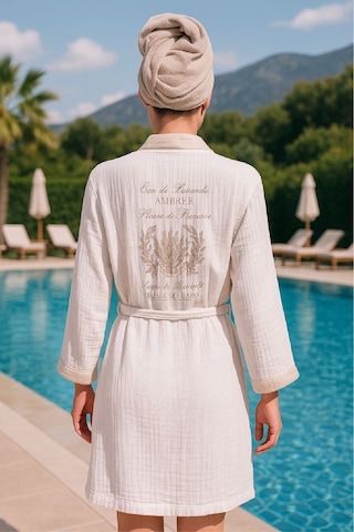 Baskılı Müslin Kimono Bornoz Unisex %100 Pamuk Yumuşacık 2 Katlı Doğal Kumaş - Ztmbb10 Bej