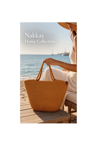 Nakkaş Home Collection Jüt Çanta Kadın Hasır Çanta, Plaj Çantası, Omuz Ve Günlük Kullanım Çantası-sarı-45x30 Cm