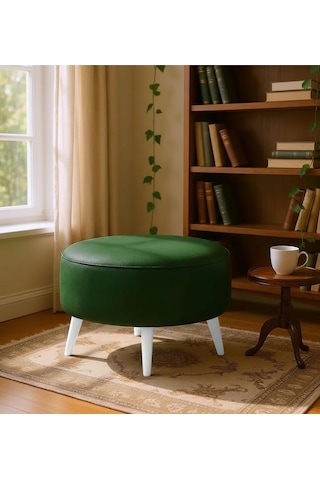Waterybrook Suni Deri Puf Large - Beyaz Ahşap Ayaklı - Retro Modern Tasarım - Dekoratif Sehpa Yeşil