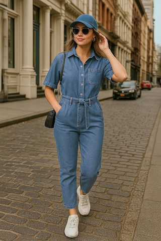 Banny Jeans Kadın Yarasa Kol Jean Tulum Mavi 001 Mavi M