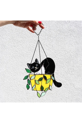 Saksıda Kedi Güneş Tutucu Vitray Pencere Süsleri, Kristal Güneş Tutucu, Akrilik Güneş Tutucu Seti, Duvar Sanatı A