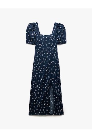 Koton Kısa Balon Kollu Sırtı Bağcıklı Bodycon Çiçekli Yırtmaçlı Midi Elbise Bürümcük Lacivert Desenli 5sal80047ık Lacivert Desenli