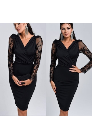 Moderie Butik Kadın Uzun Kollu Kruvaze Yaka Kollar Tül Detay Ithal Krep Mini Boy Elbise Siyah