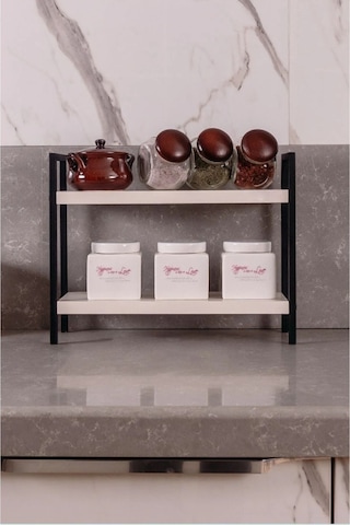 Dione Store Masaüstü Mutfak-banyo Rafı Tezgah Üstü Düzenleyici Baharatlık Raf Metal-ahşap Masa Üstü Servis Rafı Siyah