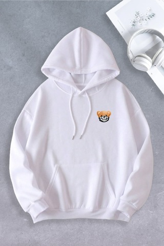 Nevermind Unisex Kadın Erkek Ayı Maskeli Oversize Sweatshirt Beyaz
