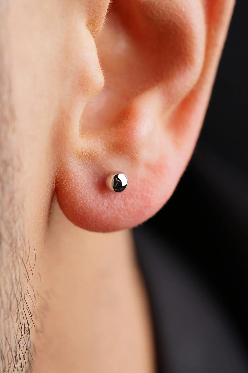 14 Ayar Altın Yuvarlak Top Küpe Erkek Kp0107-e Beyaz Altın