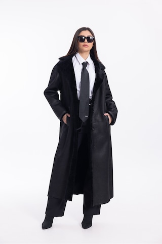 M M Marki Marki Kadın Siyah Hakiki Deri Oversize Palto İçi Kürklü Kuşaklı Premium 120 Cm - 121922