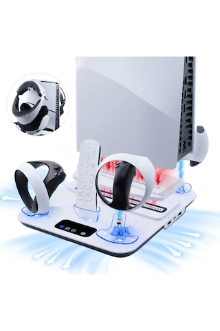 Ps5 Ps5 Slim Pro Vr2 Gözlük Uyumlu Konsol Soğutma Fanlı Standı Ve Oyun Kolu Şarj Istasyonu Beyaz