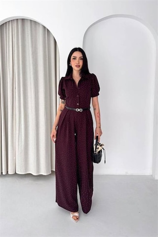 Neşeli Butik Kadın Bordo Kemer Detaylı Tam Boy Taşlı Gömlek Yaka Tulum Nbk4592