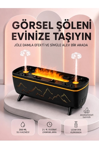 Dekoratif Siyah Hava Nemlendirici Jöle Damla Ve Alev Efektli Led Işıklı Aroma Difüzörü