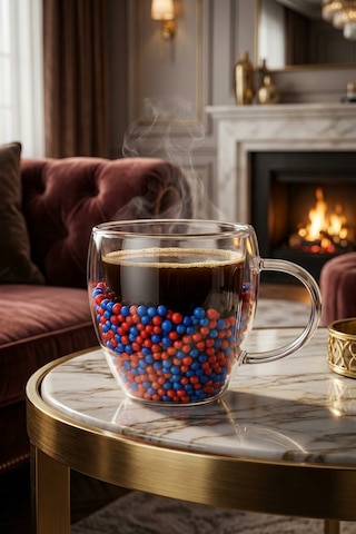 Makri Home Çift Cidarlı Bordo Mavi Cam Kupa 250 Ml Isıya Dayanıklı Çok Renkli