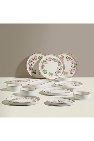 Nehir Pink Butterfly 6 Kişilik 13 Parça Seramik Kahvaltı Takımı Beyaz - Pembe