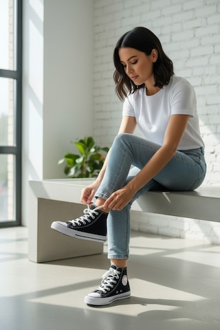 Enoch Kadın Boğazlı Bilekli Canvas Ve Bez Bağcıklı Rahat Günlük Sneaker Spor Ayakkabı Siyah Beyaz