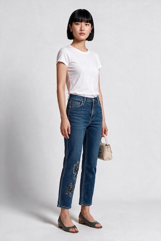 Seleste Kadın Yüksek Bel Nakış Detaylı Düz Paça Denim Jean Pantolon Lacivert
