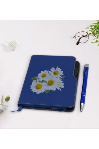 Kişiye Özel Papatya Temalı Lacivert Termo Deri Defter Kalem Seti- N11.140