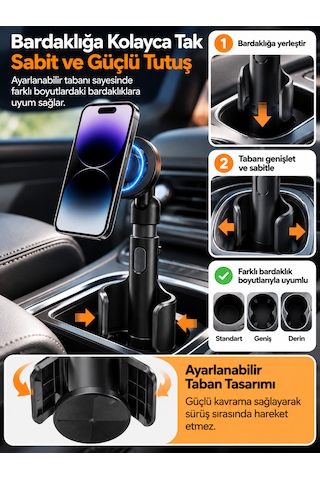 Araç İçi Bardaklık Telefon Tutucu Manyetik Magsafe Uyumlu Ayarlanabilir Telefon Standı Siyah