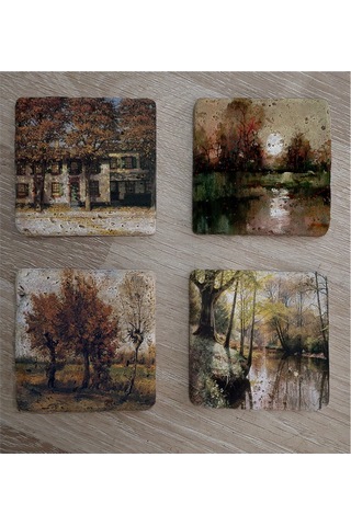 Sonbahar Ağaçlı Manzaralar Doğal Taş Bardak Altlığı 4'lü Set - Natural Stone Coasters - Taş Çok Renkli