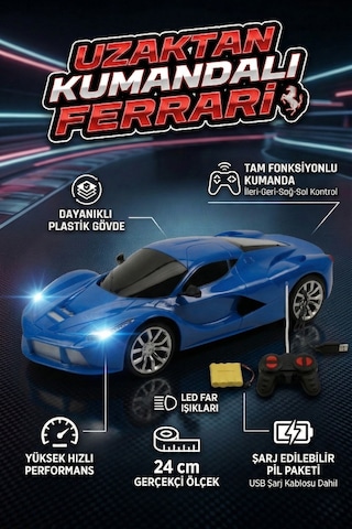 Uzaktan Kumandalı Şarjlı Araba 24 Cm Işıklı Ferrari & Lamborghini Model Full Fonksiyonlu Oyuncak Lacivert Ferrari