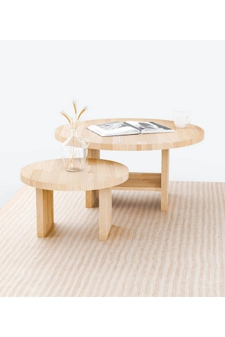 Masif Ağaç Yuvarlak Orta Sehpa Büyük Ve Küçük Set Naturel