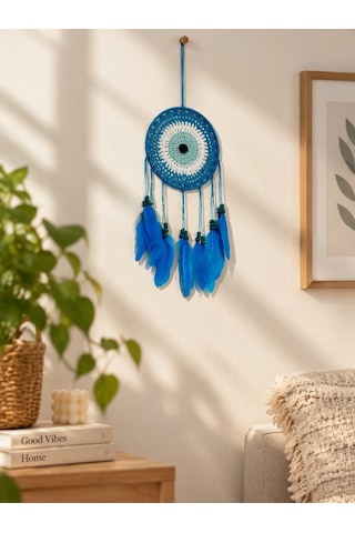 Nazar Motifli Düş Kapanı Rüya Kapanı Dream Catcher Mavi Tüylü Bohem Duvar Süsü Bohem El Yapımı Düş Kapanı 88315634