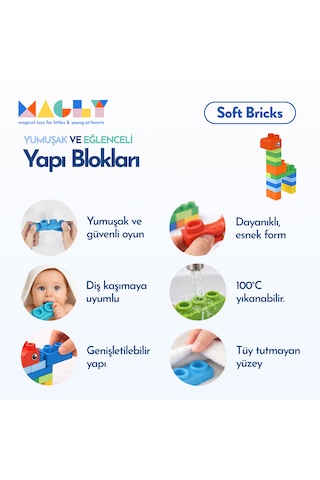 Magly Soft Bricks Yumuşak Yapı Blokları - Çocuklar İçin Renkli Esnek 42 Parça Yapı Blok Seti