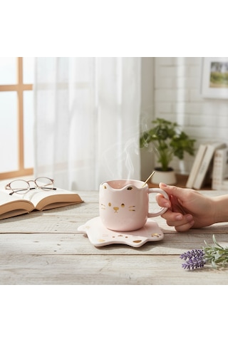 Tatlı Kedi Tasarımlı Kupa Bardak Pembe