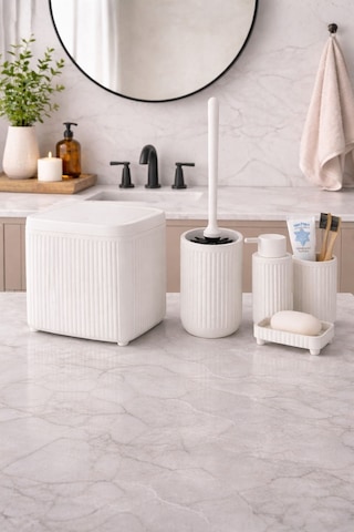 Modern Banyo Aksesuar Seti Click Kapaklı Çöp Kovası, Tuvalet Fırçası Ve Sabunluk Seti 5 Parça Dc-6803 Beyaz