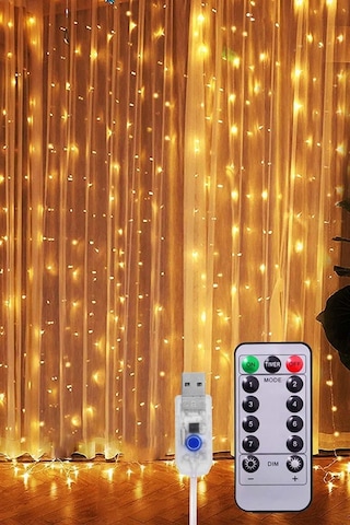 Perde Led- 3x3 Metre - 8 Fonksiyonlu - Usb + Adaptör - Kancalı Sarı