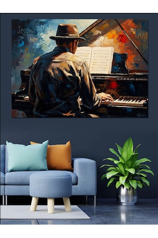 Ahşap Tablo Şapkalı Piyanist Ve Gece Müziği