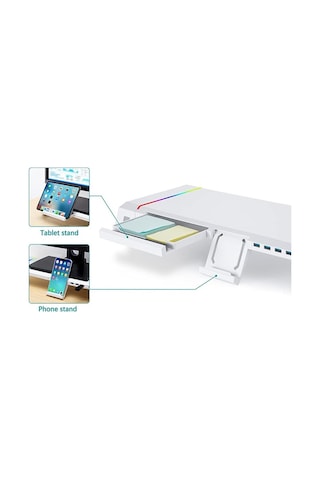 Laptop Sehpası Rgb Işıklı Mönitör Standı Ekran Altlığı 4 Usb Hub Telefon Tutuculu Beyaz