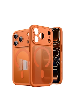 İphone Uyumlu 17 Pro Max Kılıf Mat Magsafe Şarj Özellikli Hassas Buton Yumuşak Turuncu Kenar Turuncu