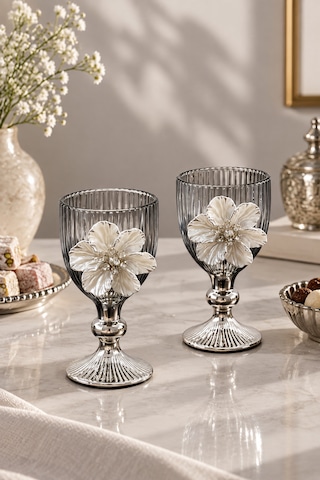 2 Li Cam Lotus Kahve Yanı Bardak Bardak Gümüş Kaplama 75ml
