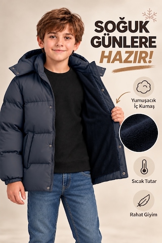 Ahengim Erkek Çocuk Kışlık Kapüşonlu Mont İçi Peluş Astarlı Fermuarlı Cepli Ak4316 Lacivert