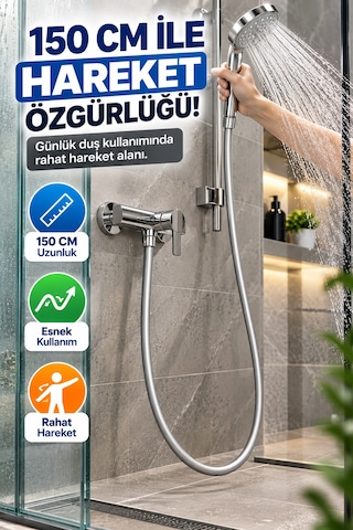 150 Cm Gri Pvc Duş Hortumu Esnek Banyo Duş Başlığı Hortumu Metal Bağlantılı Pratik Kullanım Tek Adet