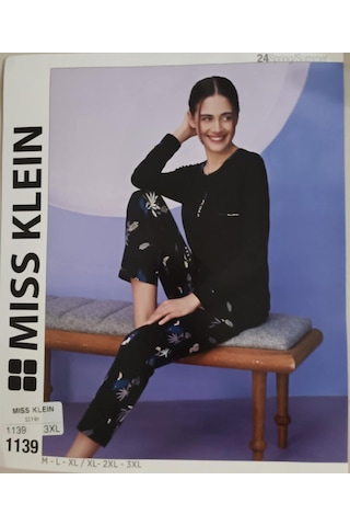 Miss Klein Kadın Büyük Beden Düğme Yaka Pamuklu Likralı Uzun Kol Pijama Takımı 1139 - 1 Adet Siyah