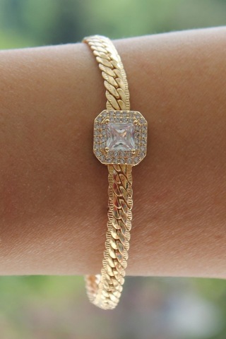 Gold Kare Zirkon Taşlı Bileklik Gold