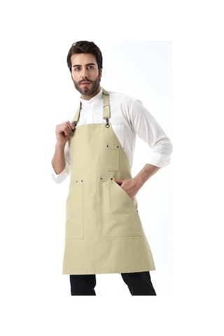Barista Boyundan Askılı Önlük Kanguru Cepli - Bej-12187 Bej
