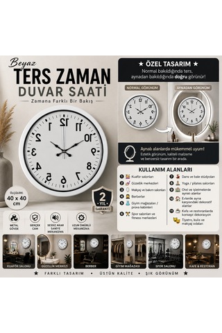 Beyaz Ters Zaman 40 X 40 Cm Metal Duvar Saati