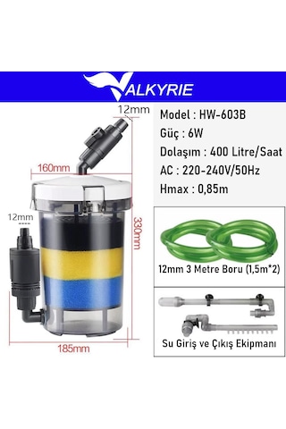Valkyrie Hw-603b Dış Filtre 400 Litre 6w Sessiz Çalışma Transparan Yüksek Kapasite