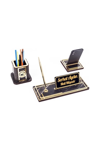 Space Mali Müşavire Özel Kalemlikli Ahşap Masa Seti Mermer Desenli Hediye Ofis Dekoratif Masa Üstü İsimlik