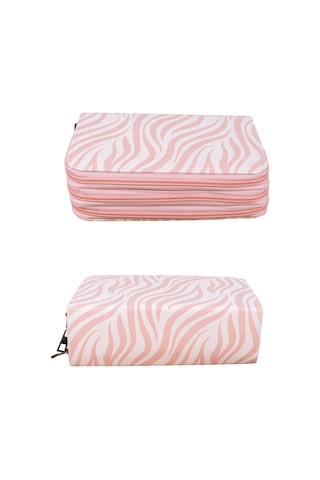 Kalem Kutusu Zebra Desen Pembe Orginazer Vegan Deri Üç Bölmeli K
