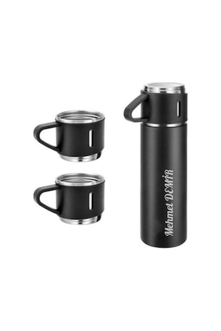 İsime Kişiye Özel Hediye 3 Bardaklı Paslanmaz Çelik Vakumlu Kahve Sıcak Soğuk Kamp Termos Seti Siyah Gri